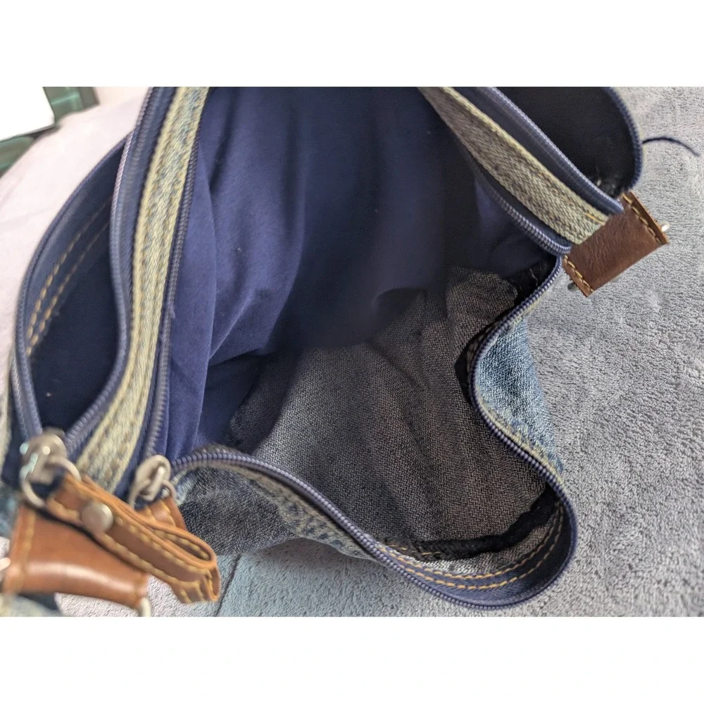 Blue Denim Crossbody Bag Multi Pocket Cargo Style Adjustable Strap Y2K Aesthetic